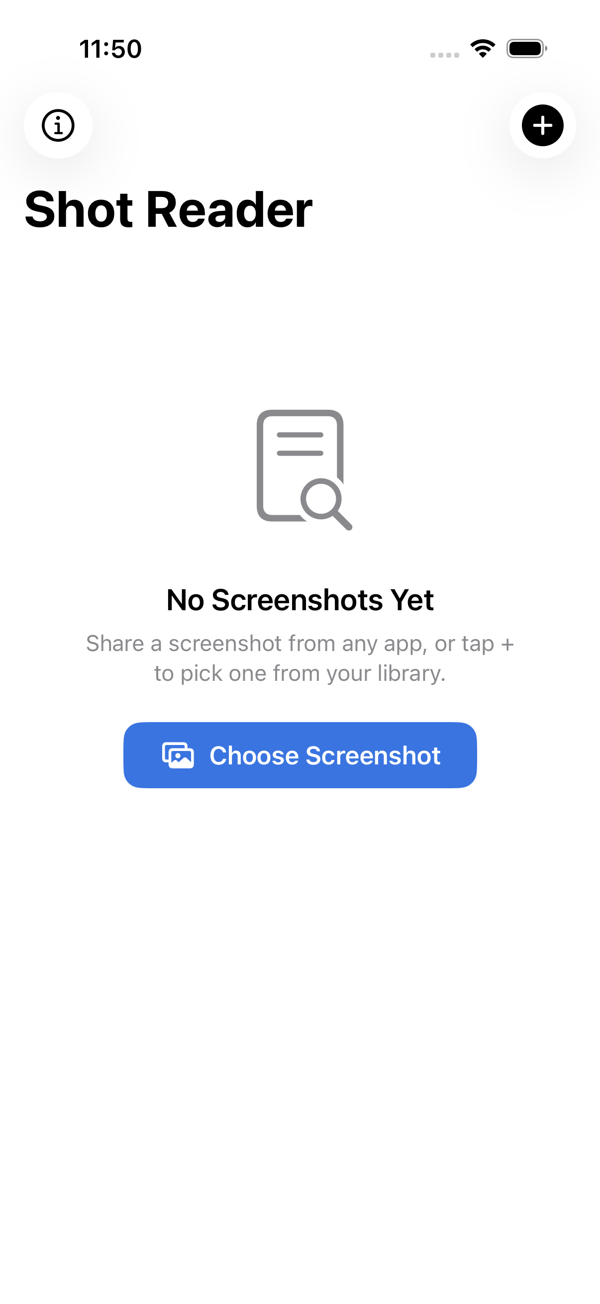 Shot Reader empty state — choose a screenshot to get started